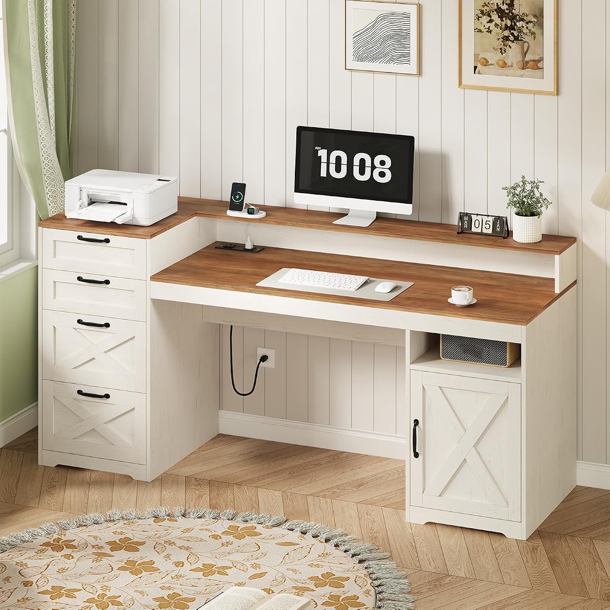 63" Farmhouse Computer Desk with 4 Drawers for Home Office, Bedroom