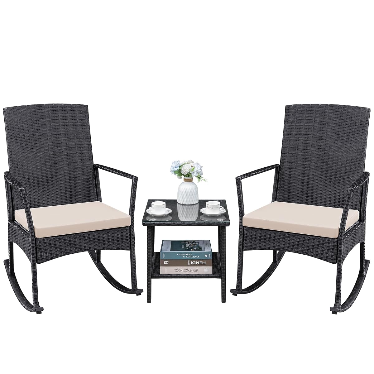 3 Pieces Patio Furniture Set Outdoor Wicker Rocking Chairs with Glass Coffee Table for Garden Backyard Porch Poolside, Beige