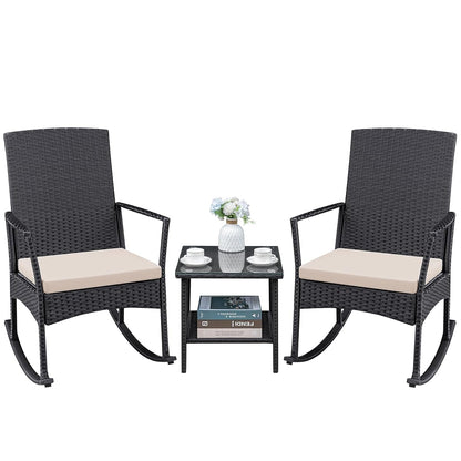 3 Pieces Patio Furniture Set Outdoor Wicker Rocking Chairs with Glass Coffee Table for Garden Backyard Porch Poolside, Beige