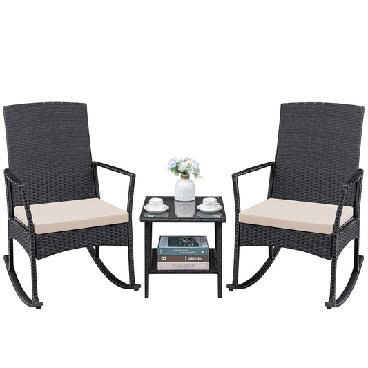 3 Pieces Patio Furniture Set Outdoor Wicker Rocking Chairs with Glass Coffee Table for Garden Backyard Porch Poolside, Beige