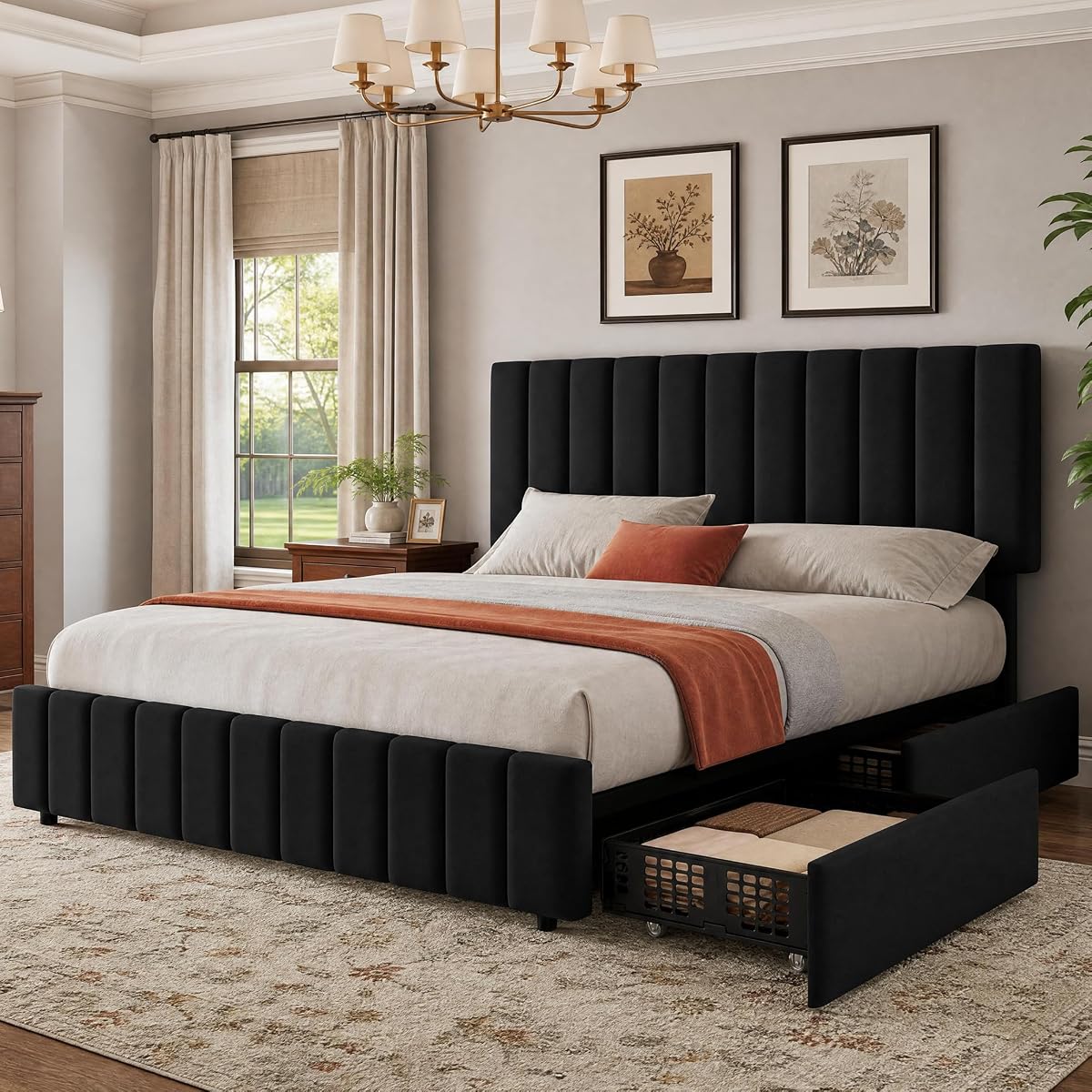 King Size Bed Frame, Linen Bed Frame with 4 Storage Drawers, Black