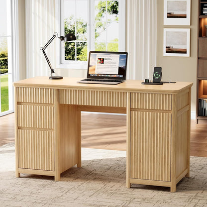 55" Fluted Executive Desk with Drawers & Charging Station