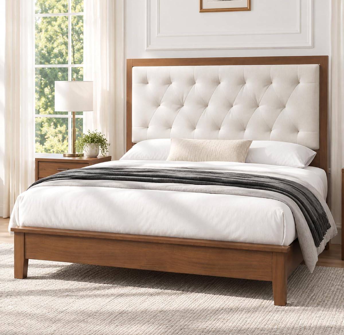 Solid Wood Queen Bed Frame with 51" Tall Upholstered Headboard, Walnut