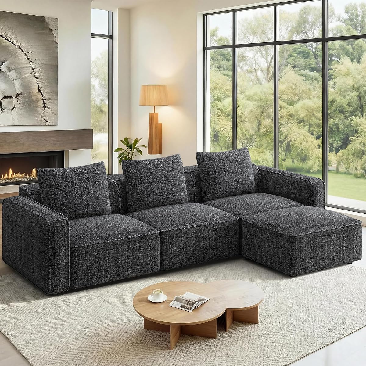 103" Sectional Couch, Locked-in Modular Sectional Sofa, Wood Frame Couches for Living Room, 22" Deep Seat L Shaped Couch with Ottoman Chenille Cloud Sofa Tool-Free Setup Sofas for Living Room