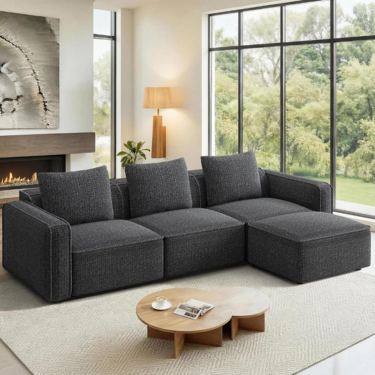 103" Sectional Couch, Locked-in Modular Sectional Sofa, Wood Frame Couches for Living Room, 22" Deep Seat L Shaped Couch with Ottoman Chenille Cloud Sofa Tool-Free Setup Sofas for Living Room