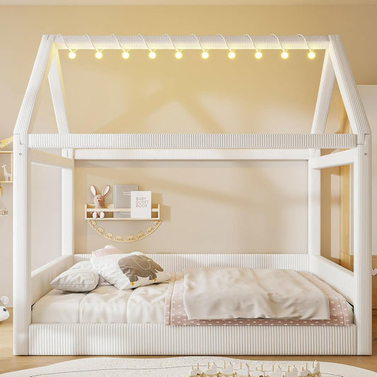 Full Size Upholstered House Bed for Kids, Montessori Floor Bed with LED Light Strips, House Floor Bed Frame with Wooden Slats Support, No Box Spring Needed,Beige