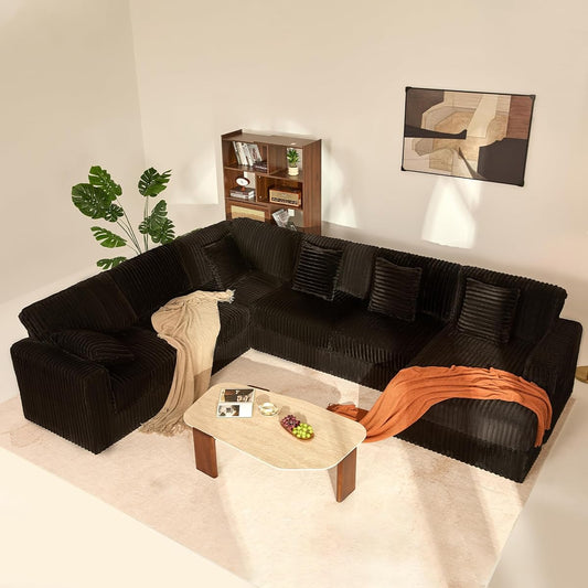 139" U-Shaped Cloud Couch, Modular Sectional, Deep Seats, Black | Pocket Spring Cushions, Oversized 7-Seater, Right Facing Chaise, Corduroy Upholstery Couches for Living Room, Not Boneless