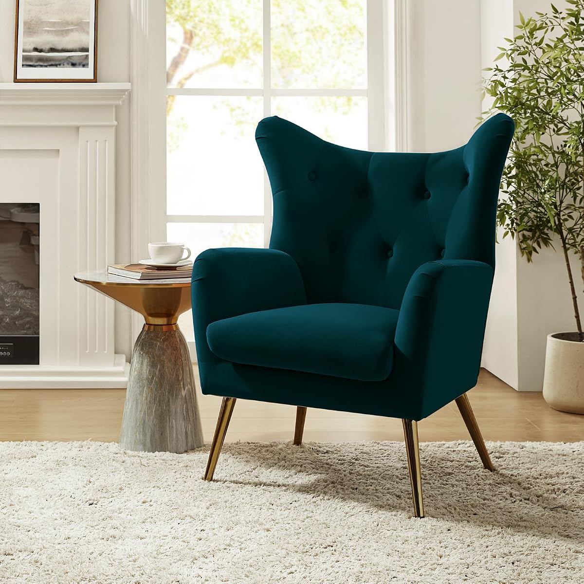 Velvet Tufted Accent Chair, Modern Wingback Arm Chair, Teal | Metal Gold Legs, Wood Frame, Velvet Tufted Upholstered Armchair for Living Room Bedroom, Dining Room