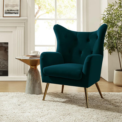 Velvet Tufted Accent Chair, Modern Wingback Arm Chair, Teal | Metal Gold Legs, Wood Frame, Velvet Tufted Upholstered Armchair for Living Room Bedroom, Dining Room
