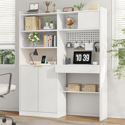 63" Tall Computer Desk with Hutch, Fluted Wood Computer Desk, Featuring Charging Station, Drawer and Storage Cabinet, for Home Office Work and Study (White)