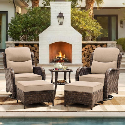 5-Piece Luxury Patio Furniture Set with 6" Thick Cushions, Weather-Resistant Wicker High Back Swivel Rocker Chairs, Senior-Friendly Conversation Set for Small Porch, Deck and Sunroom, Beige(V2)