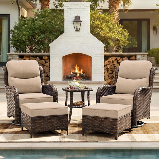 5-Piece Luxury Patio Furniture Set with 6" Thick Cushions, Weather-Resistant Wicker High Back Swivel Rocker Chairs, Senior-Friendly Conversation Set for Small Porch, Deck and Sunroom, Beige(V2)