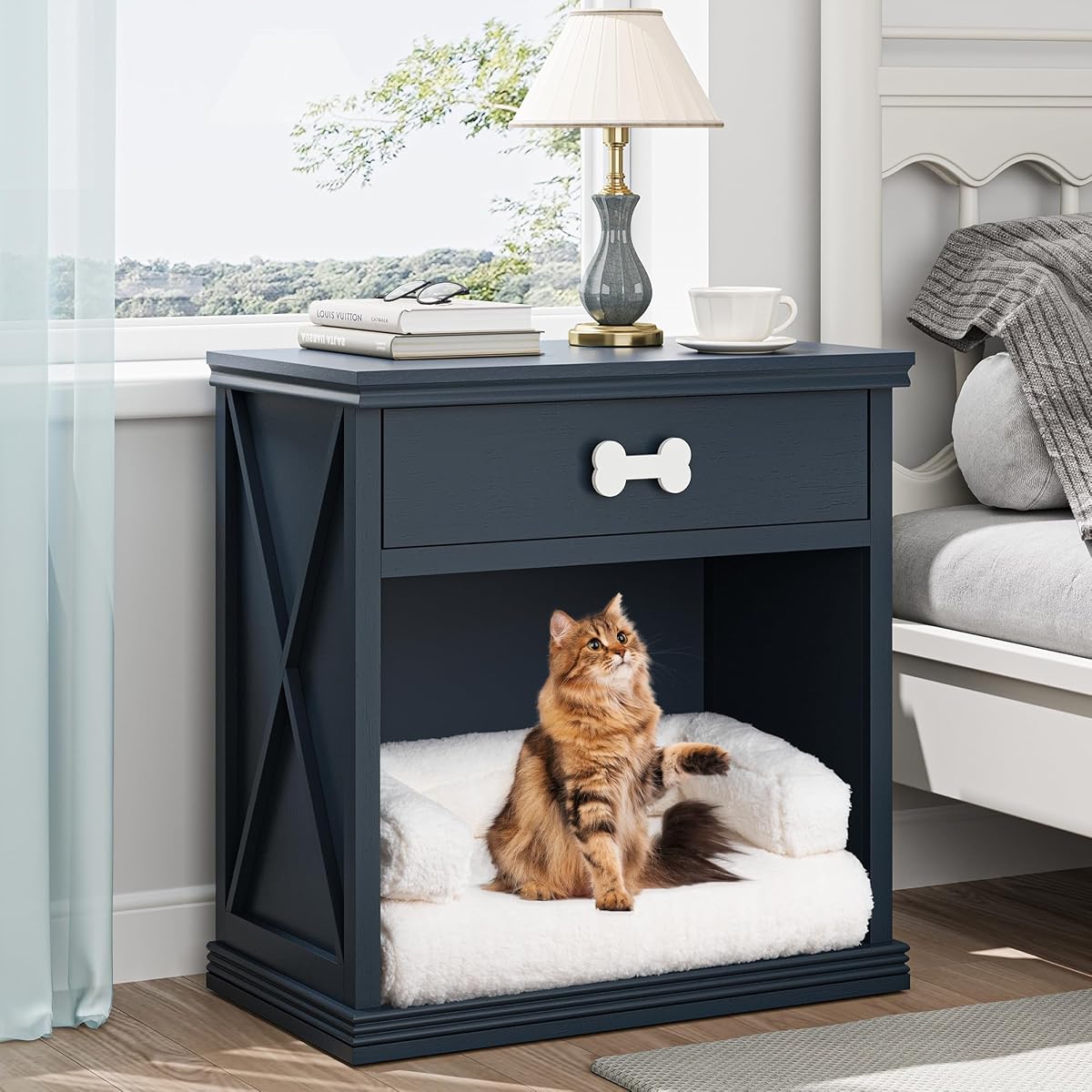 Cat End Table, Dog Crate Table Hidden Litter Box Enclosure with Drawer