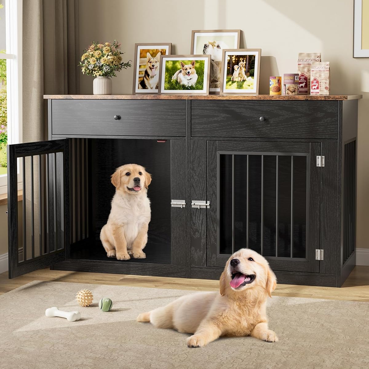 60" Dog Crate Furniture for 2 Dogs, Dog Kennel Furniture, Black