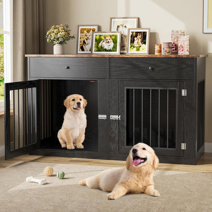 60" Dog Crate Furniture for 2 Dogs, Dog Kennel Furniture, Black