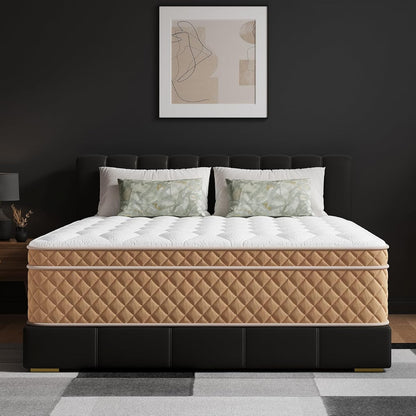 Queen Size Mattress, 12 Inch Hybrid Mattress in a Box – Memory Foam with Pocket Springs, Cooling Gel, Pressure Relief, Motion Isolation, CertiPUR-US Certified, Medium Firm,Brown