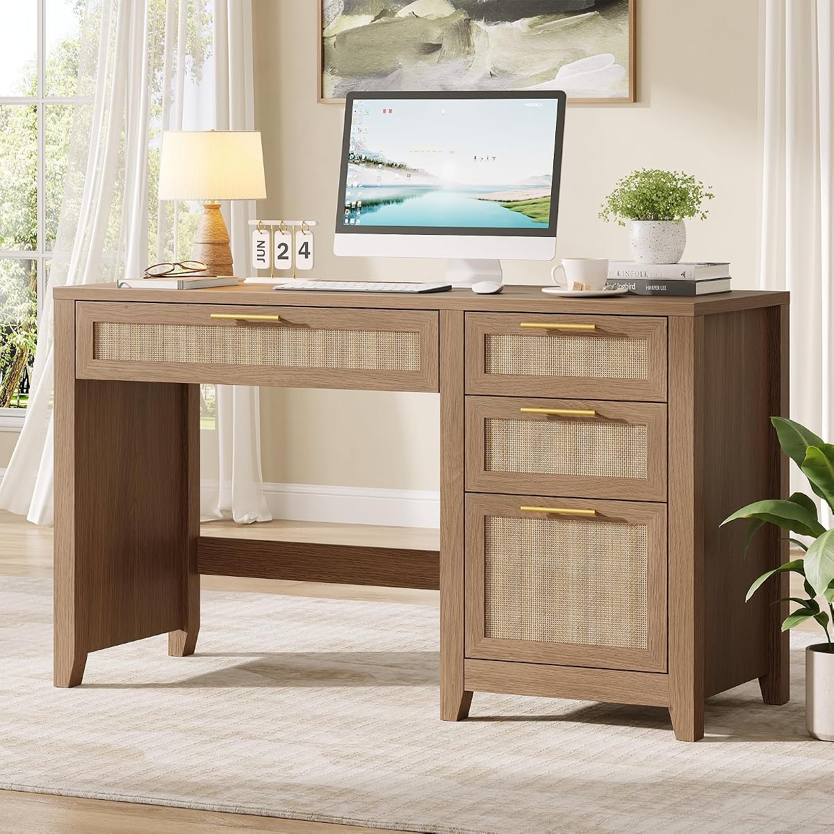 47" Farmhouse Rattan Executive Desk with File Drawer, Brown