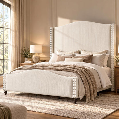 Queen Bed Frame with 65" Tall Headboard, White Corduroy Upholstered Bed