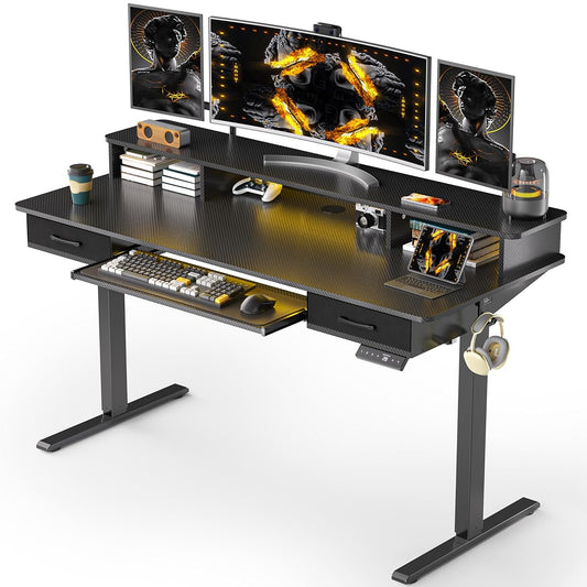 55x24 Inches Electric Standing Desk with Keyboard Tray, Height Adjustable Stand up Desk with 2 Drawers, Ergonomic Sit to Stand Desk with Storage Monitor Stand, Computer Table, Black