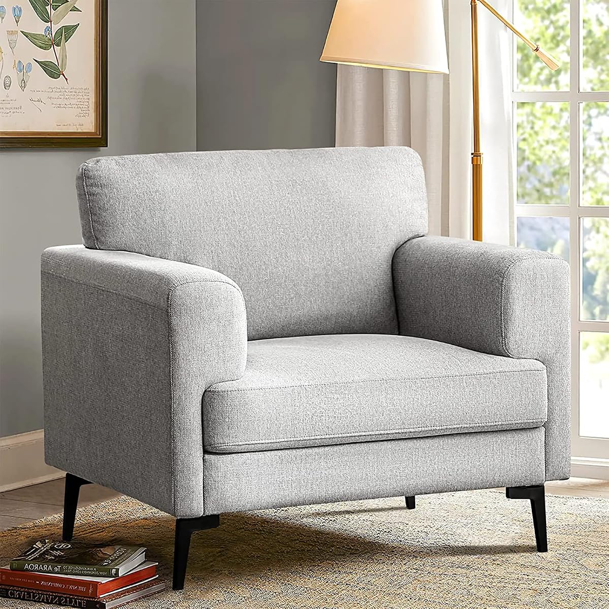 Accent Chair, Linen Fabric Oversized Mid Century Modern Chair Set of 1, Comfy Upholstered Armchair Reading Accent Chairs Sofa Chairs for Bedroom Living Room, Light Gray