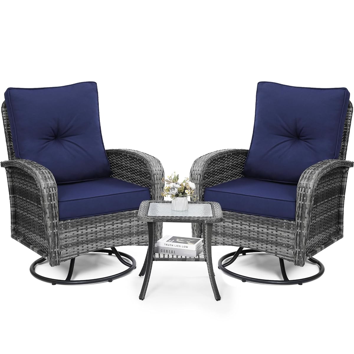 Luxury Outdoor Swivel Wicker Glider Patio Chairs with Table Set | Overstuffed Washable Cushions, Ideal for Porch, Balcony, Deck