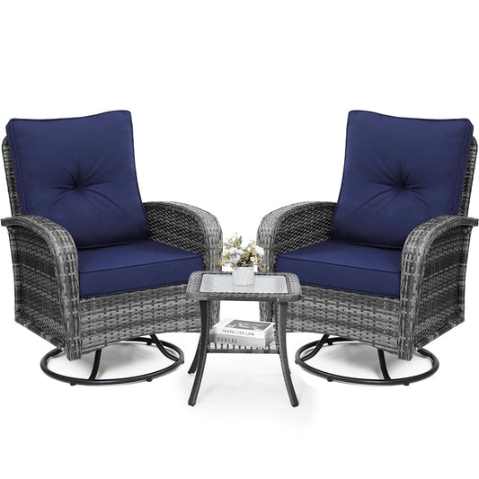 Luxury Outdoor Swivel Wicker Glider Patio Chairs with Table Set | Overstuffed Washable Cushions, Ideal for Porch, Balcony, Deck