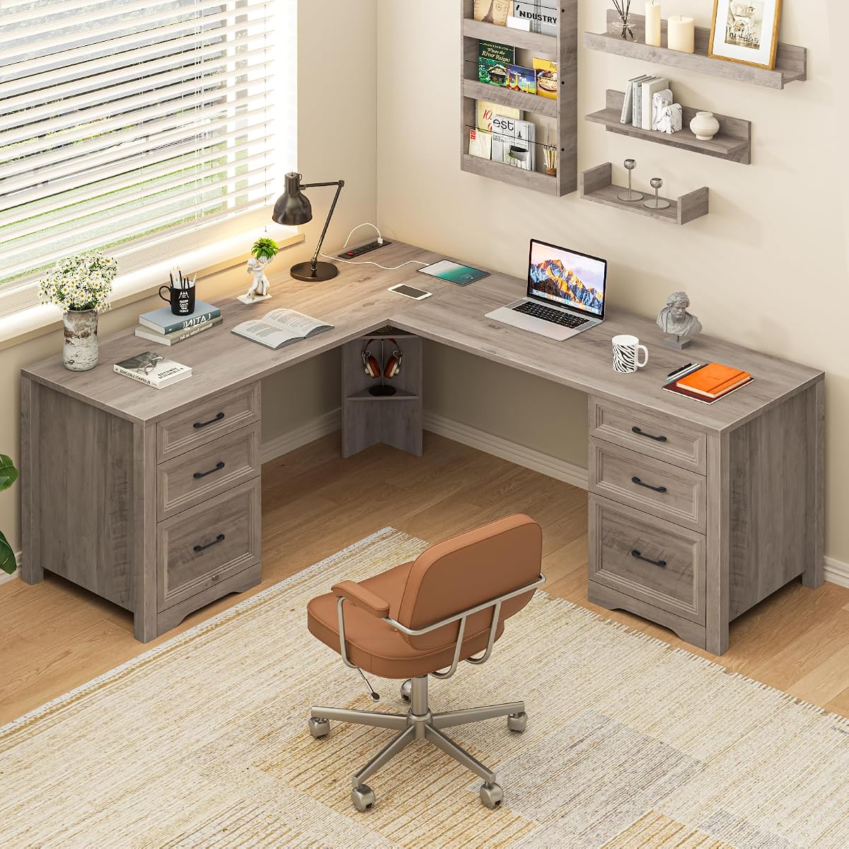 Farmhouse Home Office Desk with 6 Drawers