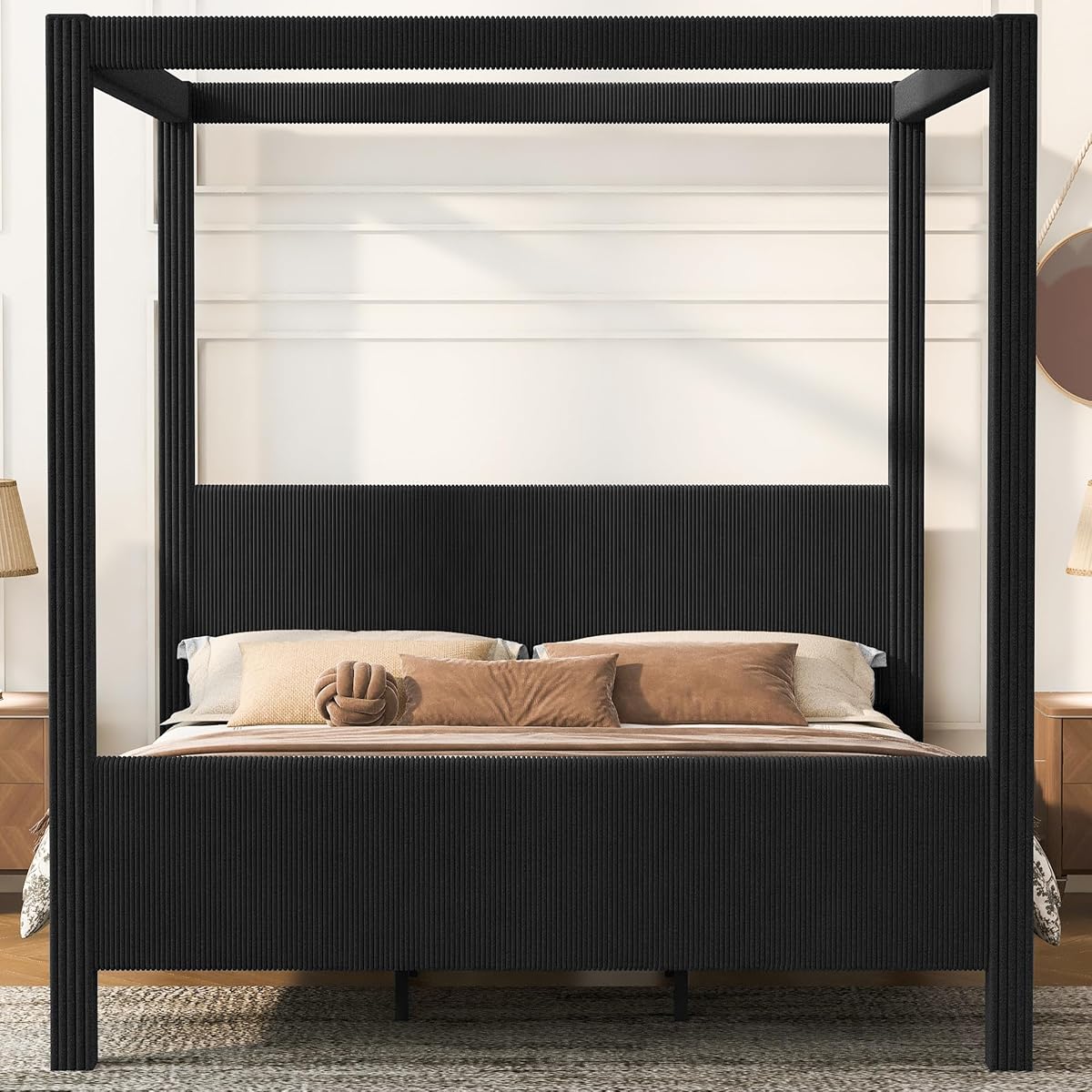 King Canopy Bed Frame with Upholstered Headboard and Footboard Black