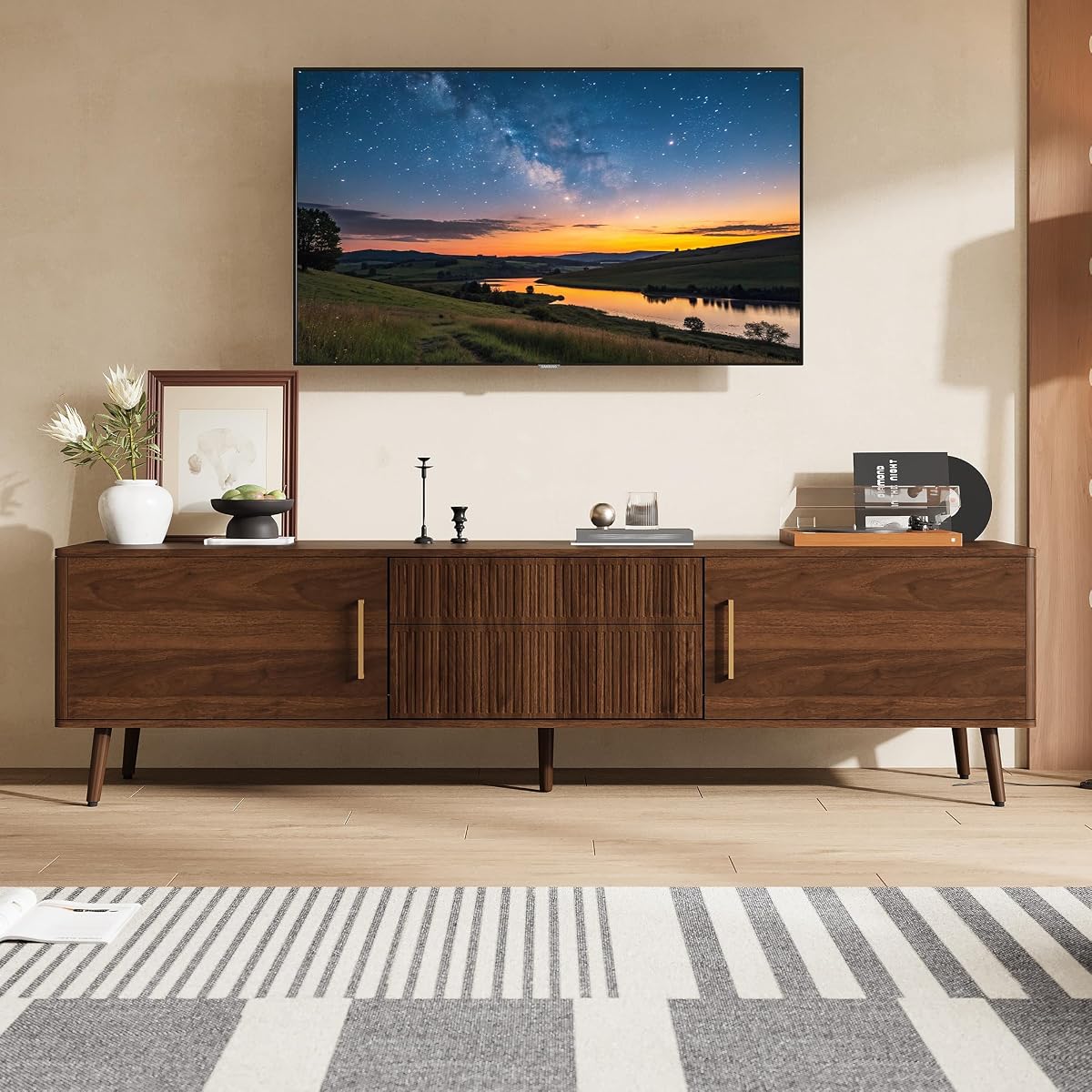 Mid-Century Modern TV Stand with Fluted-Drawer, for TVs up to 80"