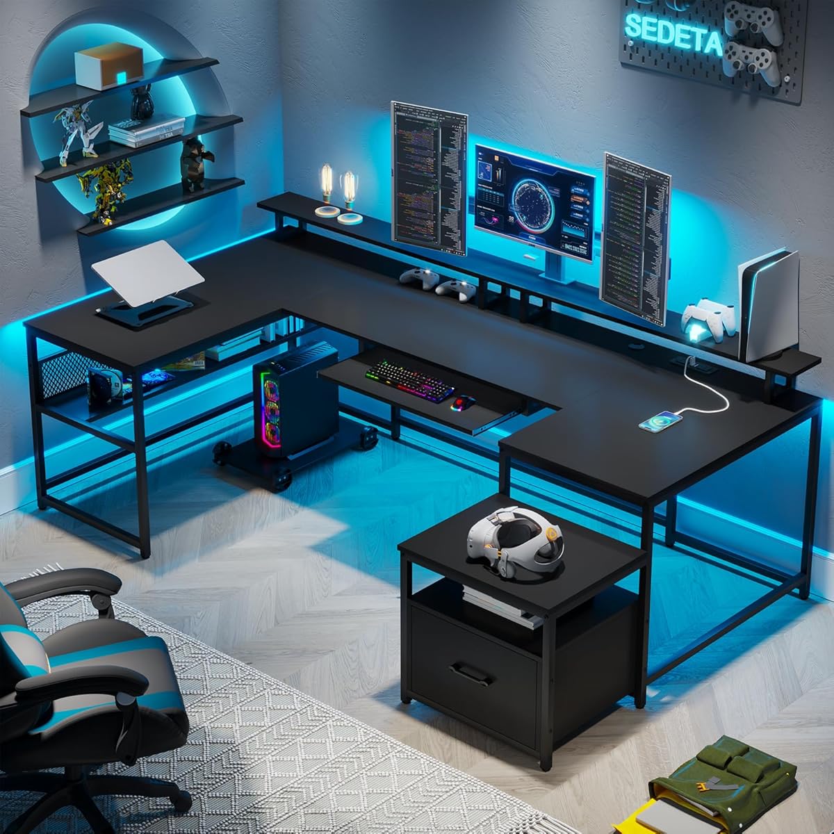U Shaped Desk,101.5''Reversible L Shaped Home Office Desk with Drawer & Power Outlet,Computer Two Person Desk with Monitor Shelf, Keyboard Tray, Black