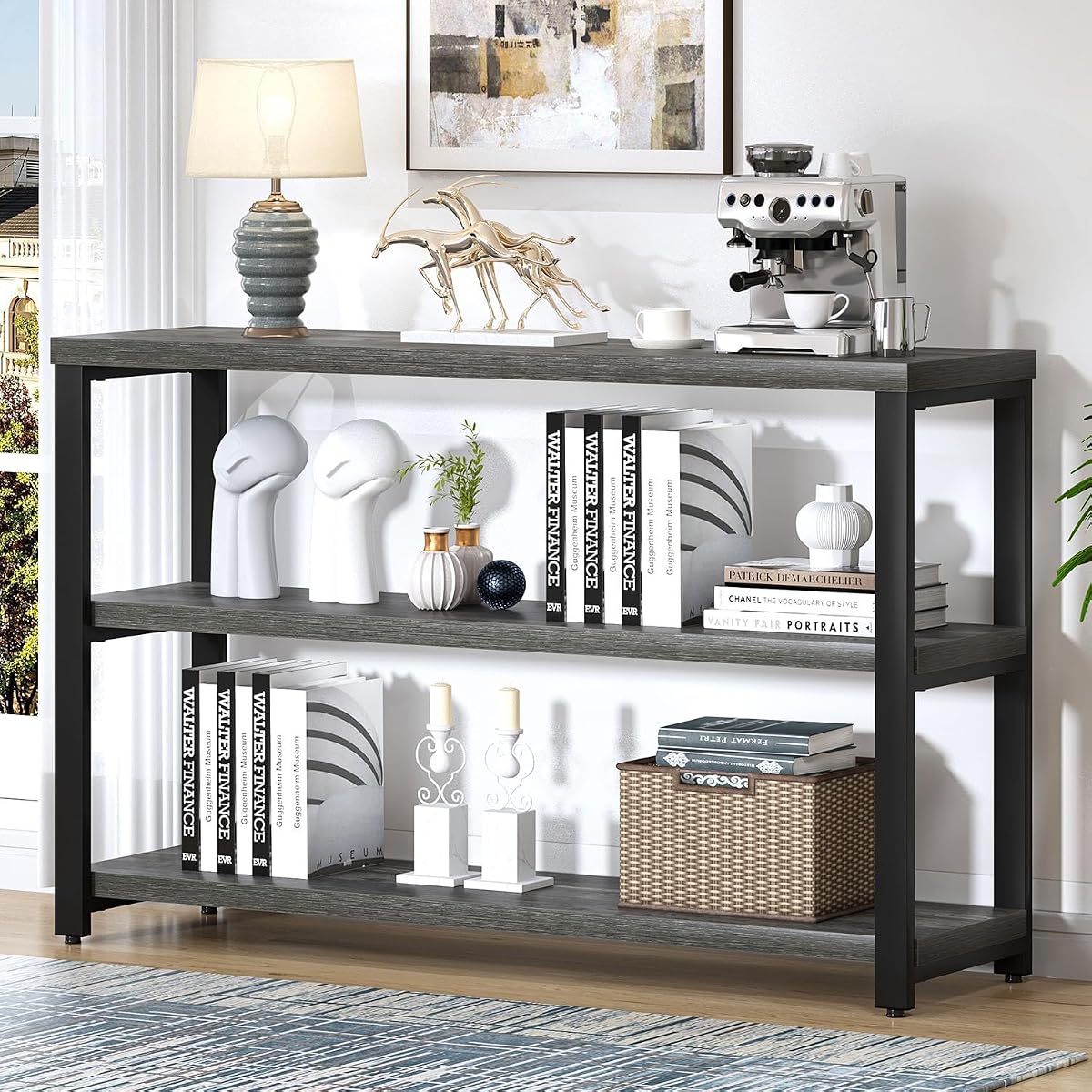 47 Inch Rustic Metal and Wood Entryway Table, Console Table Behind Couch with 3 Tier Storage Shelves, Sofa Table for Living Room Hallway Foyer, Industrial Grey