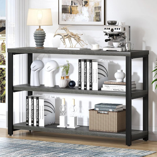 47 Inch Rustic Metal and Wood Entryway Table, Console Table Behind Couch with 3 Tier Storage Shelves, Sofa Table for Living Room Hallway Foyer, Industrial Grey