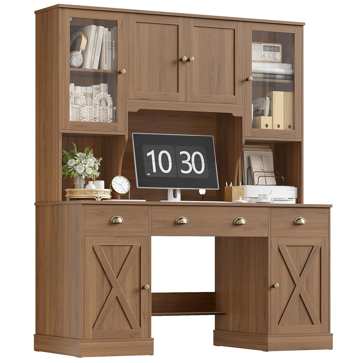 75" Executive Desk with Hutch and Drawers, Computer Desk with Glass Door and Storage Cabinet, 63" W Large Farmhouse Workstation for Home Office Study Writing Gaming Table, Brown