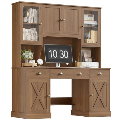 75" Executive Desk with Hutch and Drawers, Computer Desk with Glass Door and Storage Cabinet, 63" W Large Farmhouse Workstation for Home Office Study Writing Gaming Table, Brown