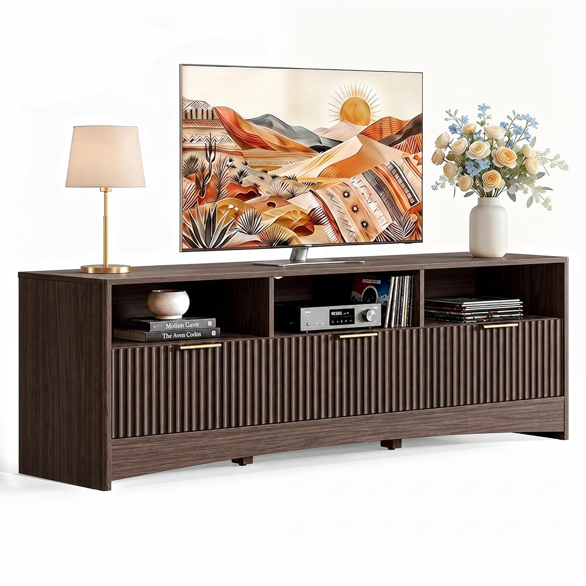 Fluted TV Stand Mid Century Modern TV Stands for 65 inch TV, Walnut
