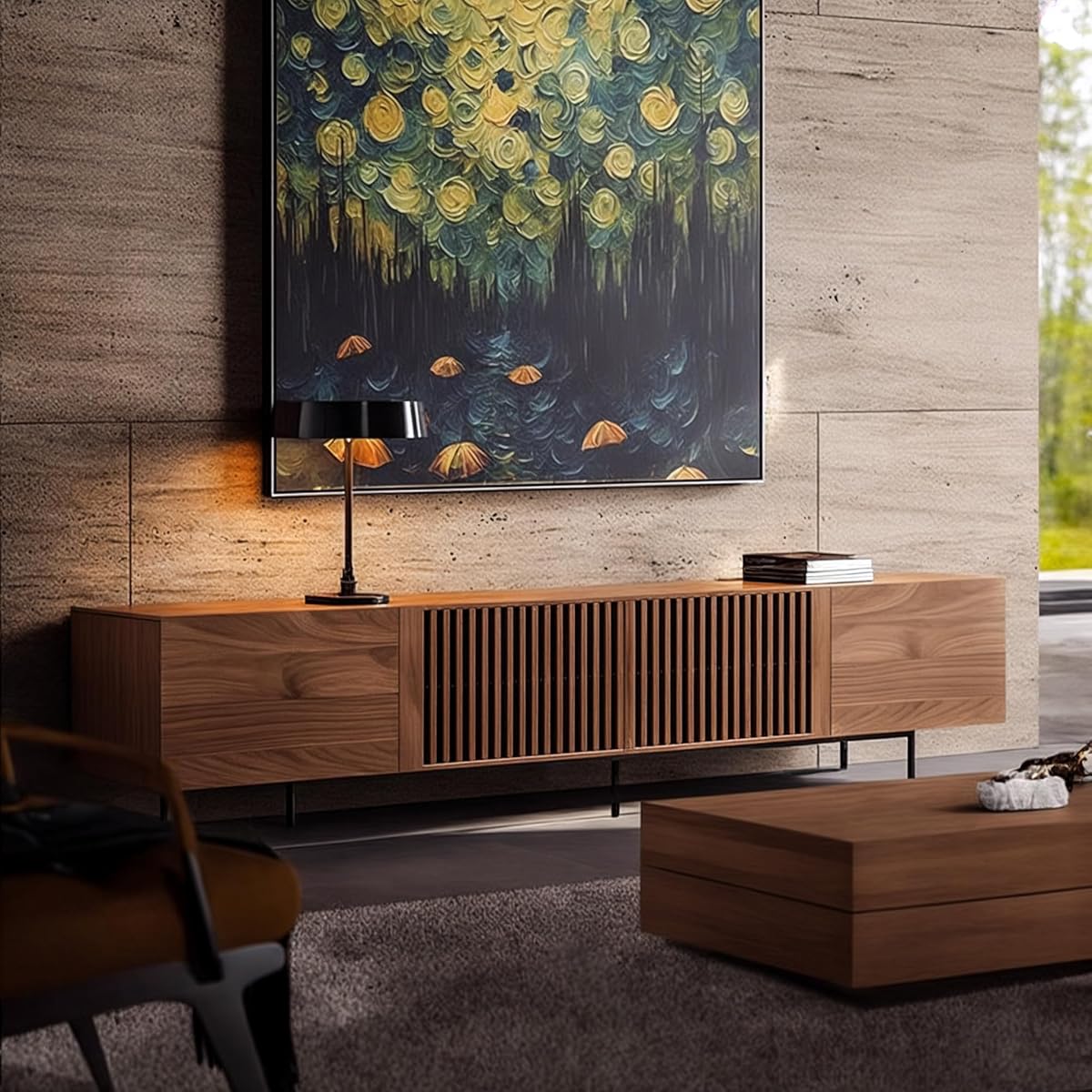 94.48 Inch Mid Century Modern TV Stand for Living Room, Walnut