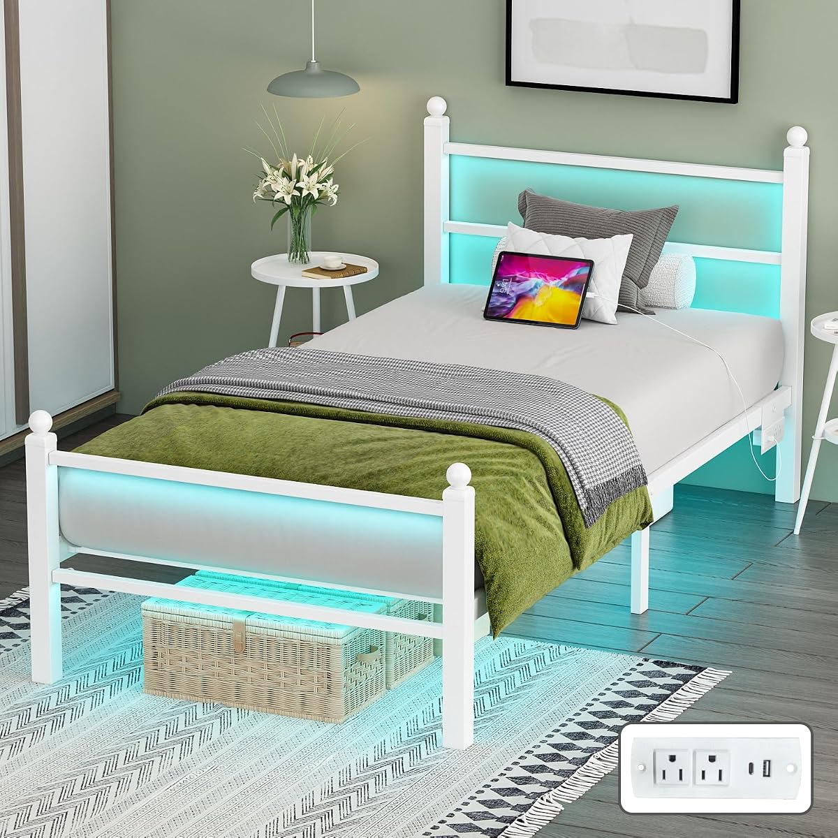White Metal Bed Frame with RGB Lights and USB, Underbed Storage