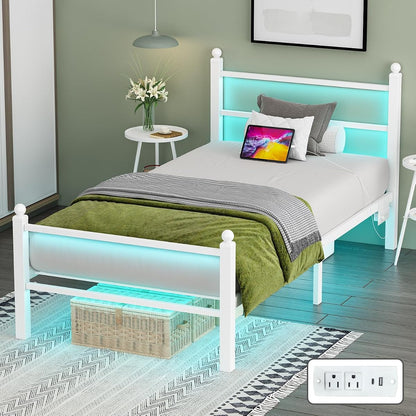 White Metal Bed Frame with RGB Lights and USB, Underbed Storage