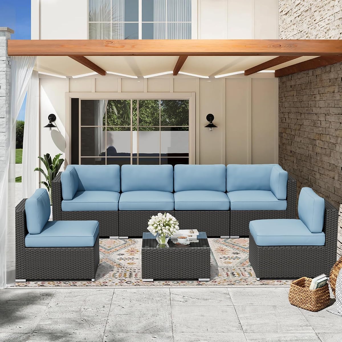 7-Piece Outdoor Patio Furniture Black Rattan Wicker Sectional Sofa Conversation