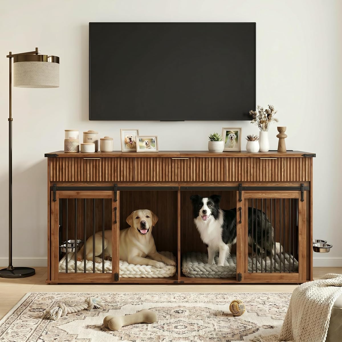 71" Double Dog Crate Furniture, Wooden Dog Kennel with Divider, Walnut