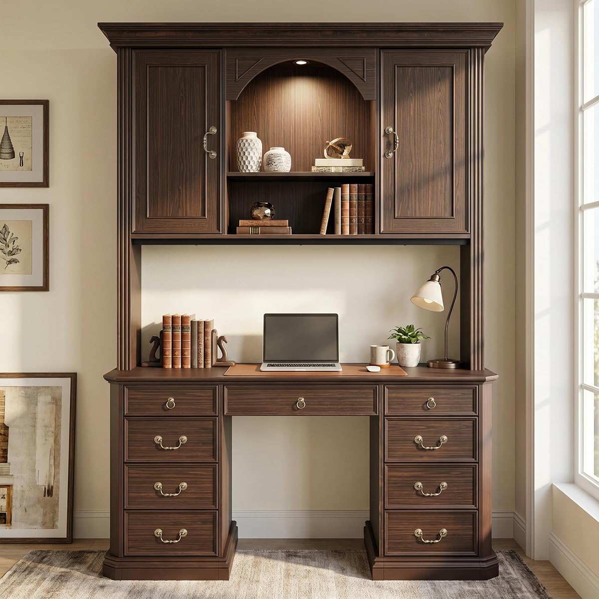 Lighted Writing Desk with Hutch and Drawers, 62" W x 82.7" H, Brown