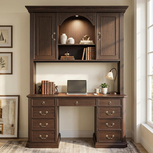 Lighted Writing Desk with Hutch and Drawers, 62" W x 82.7" H, Brown