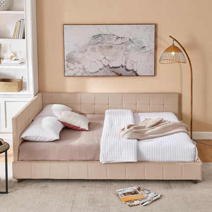 GDFStudio Queen Size Upholstered Velvet Tufted Bed Frame, Sofa Lounge Bed with Backrest and Armrest, Mid-Century Modern Daybed for Living Room, No Box Spring Required,Mattress not Included,Pink