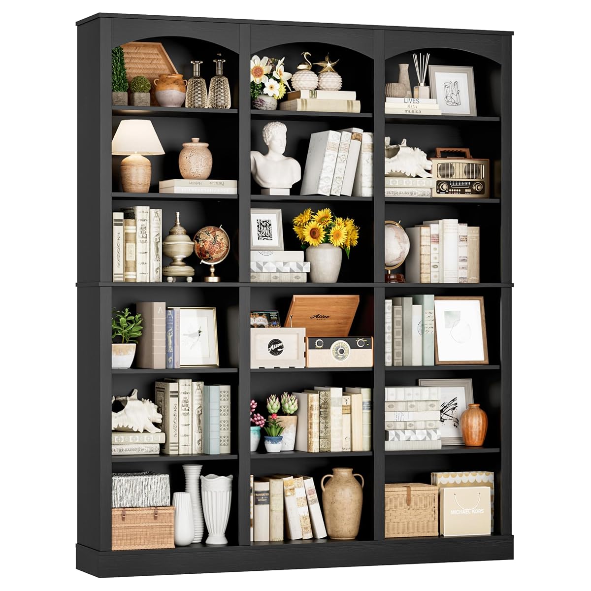 71" Triple Wide Bookshelf, 6 Tier Large Arch Black Bookcase