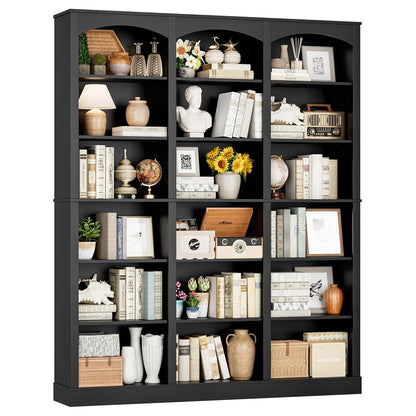 71" Triple Wide Bookshelf, 6 Tier Large Arch Black Bookcase
