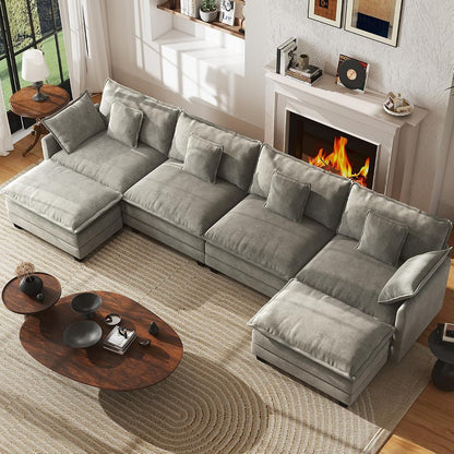 146” Oversized Modular Sectional Sofa, U Shaped Cloud Couch Set for Living Room, 4-Seater Comfy Chenille Couches with 2 Movable Ottomans, DIY Combination （Grey）
