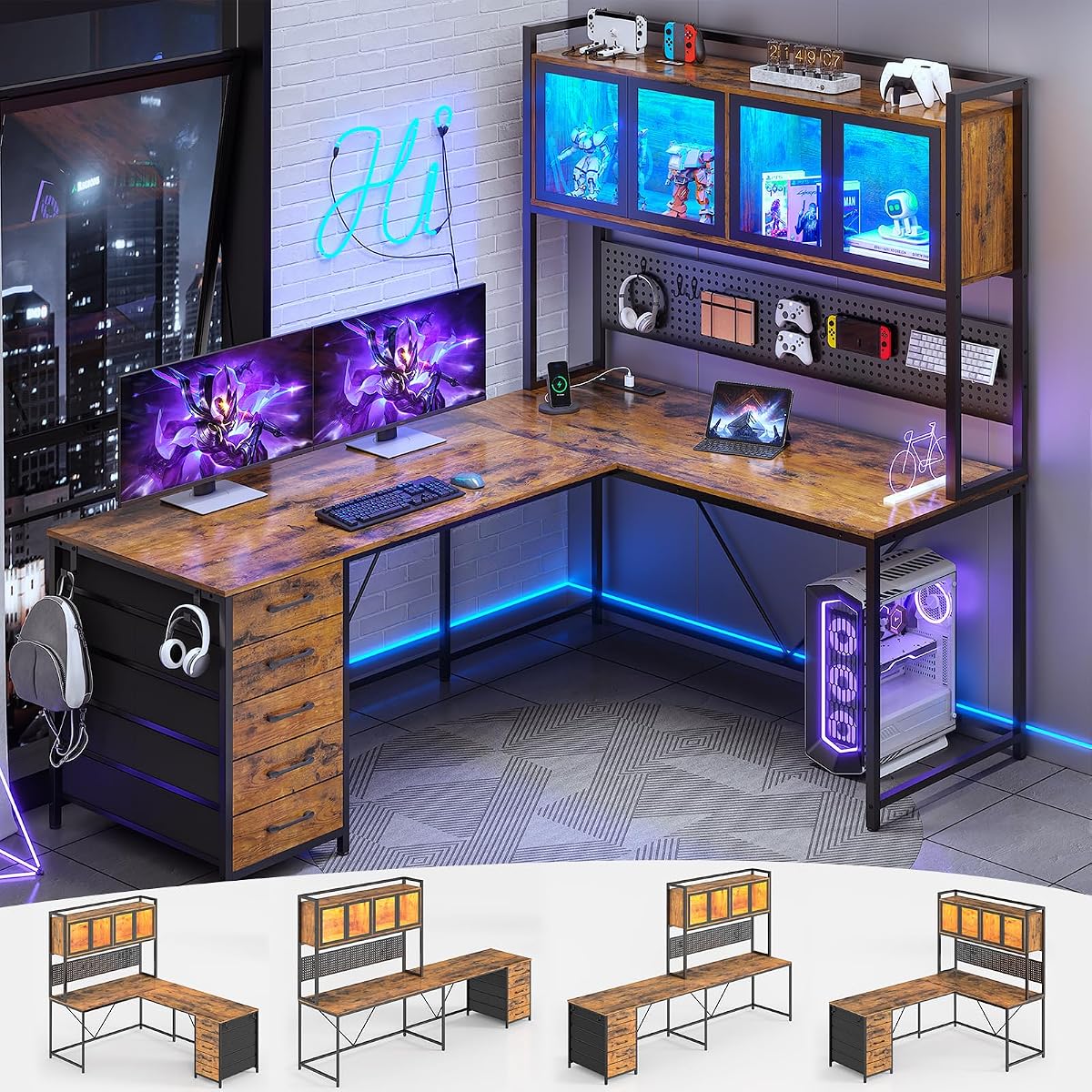 L Shaped Gaming Corner Desk with Drawers, Hutch and Storage Shelves