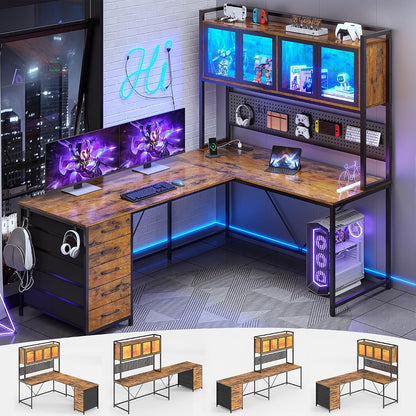 L Shaped Gaming Corner Desk with Drawers, Hutch and Storage Shelves
