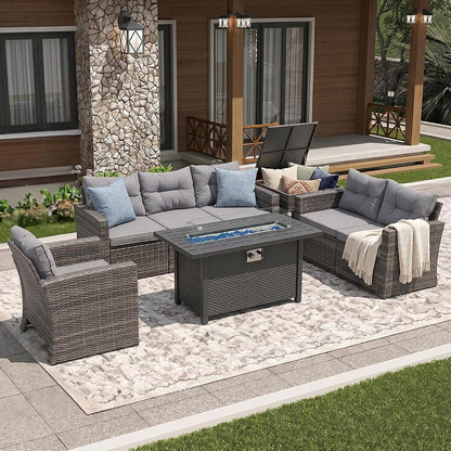8 Pieces Outdoor Patio Furniture Set with 45” Fire Pit Table, Rattan Patio Conversation Sets with 50000 BTU Gas Fire Pit, Wicker Sectional Sofa Set with Storage Box, Gray (Without Table)