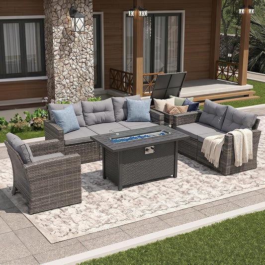 8 Pieces Outdoor Patio Furniture Set with 45” Fire Pit Table, Rattan Patio Conversation Sets with 50000 BTU Gas Fire Pit, Wicker Sectional Sofa Set with Storage Box, Gray (Without Table)